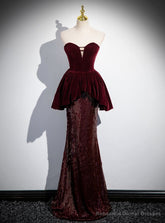 Sexy Burgundy Velvet Sequins Strapless Prom Dress